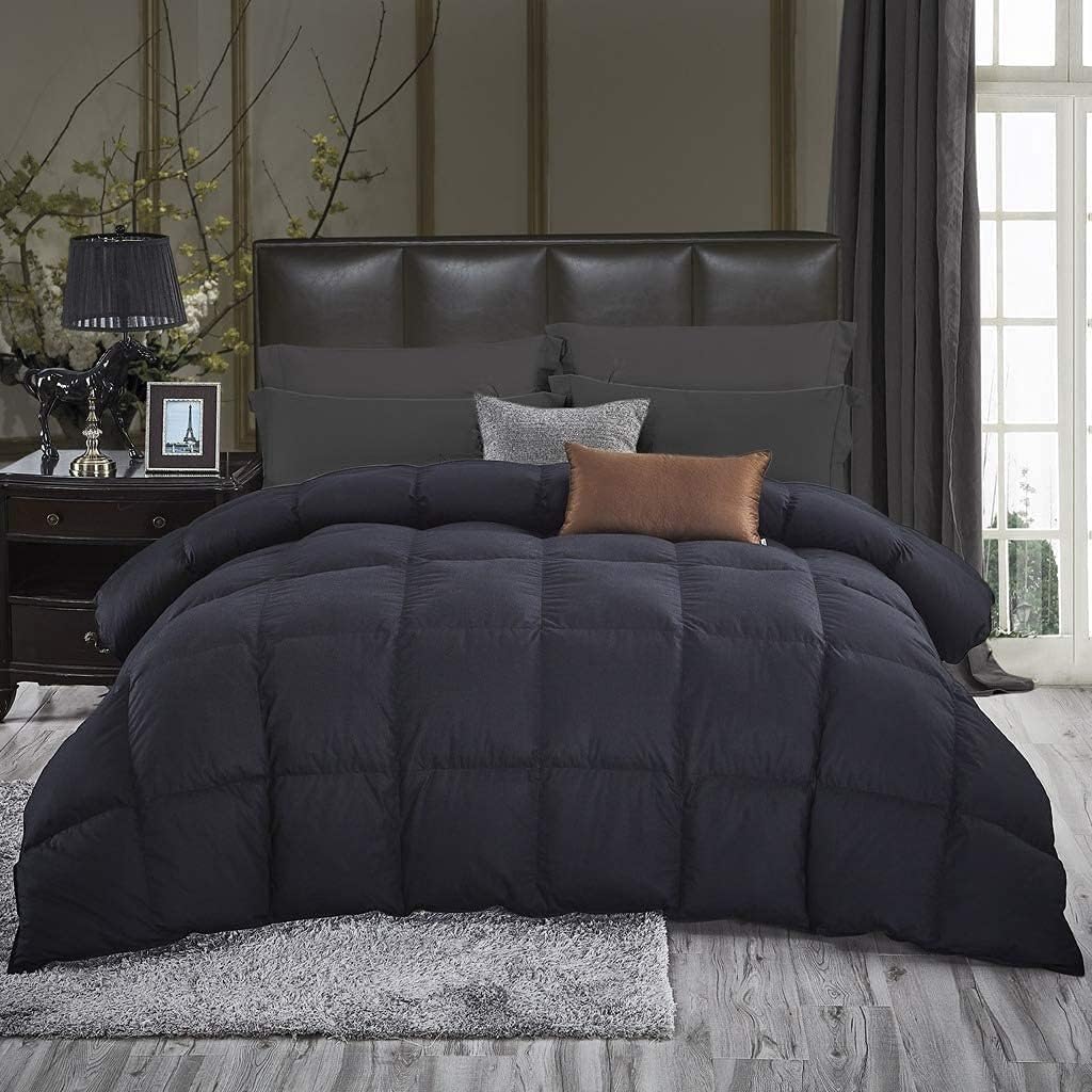 Luxurious Full/Queen Goose Down Comforter, Unique Black Solid, 600 Thread Count, 100% Egyptian Cotton Cover, 70 Oz Fill Weight, 750 Fill Power