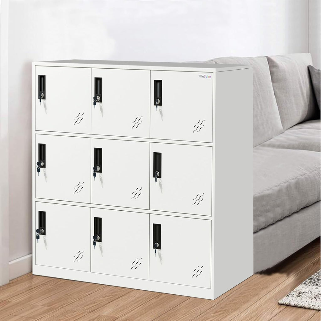 MECOLOR- Living Room Storage Cabinet with 9 Doors, Office Filing Storage Cabinet Locker with Organizers, H 36.4' Full White Steel cabinets (9D, Full White)