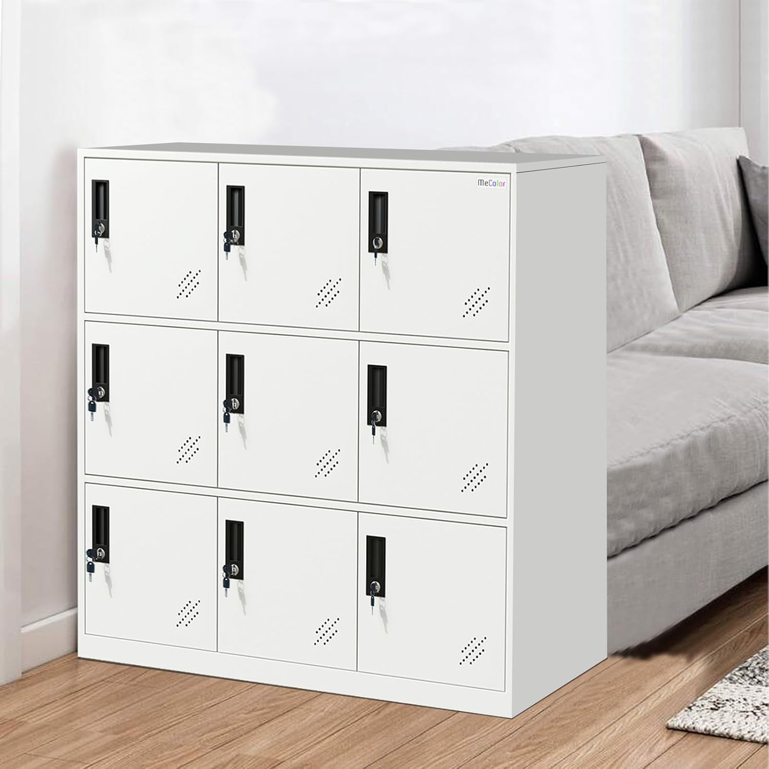 MECOLOR- Living Room Storage Cabinet with 9 Doors, Office Filing Storage Cabinet Locker with Organizers, H 36.4' Full White Steel cabinets (9D, Full White)