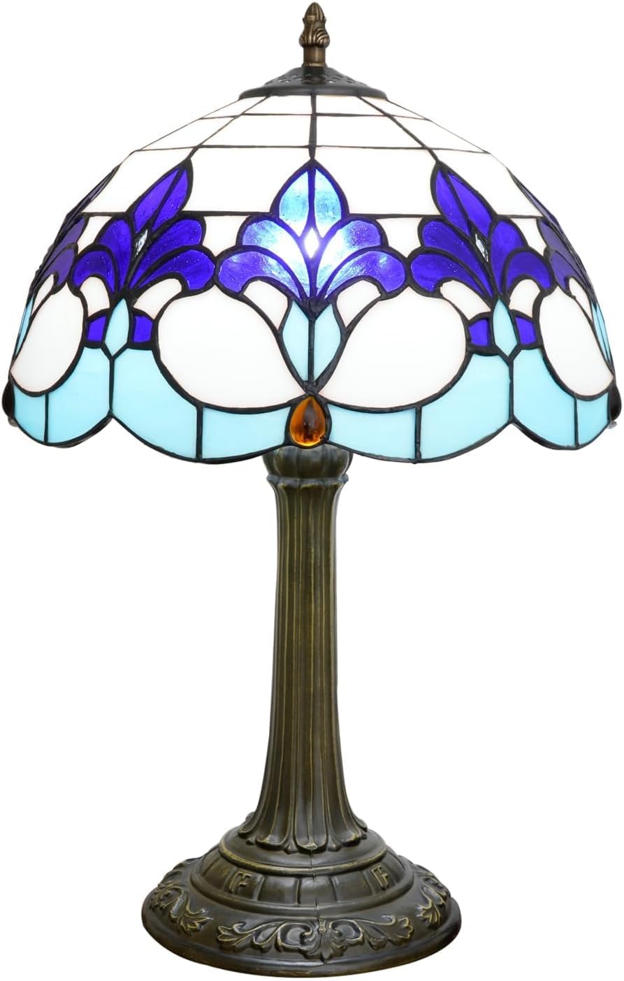 Tiffany Style Table Lamp with Blue Iris Stained Glass Lamp 12 Inch Retro Bronze Base Bedside Lamp Living Rooms, Offices, Hotel，Coffee Shop European Style Decorative Ambient Light Bedside Lamp