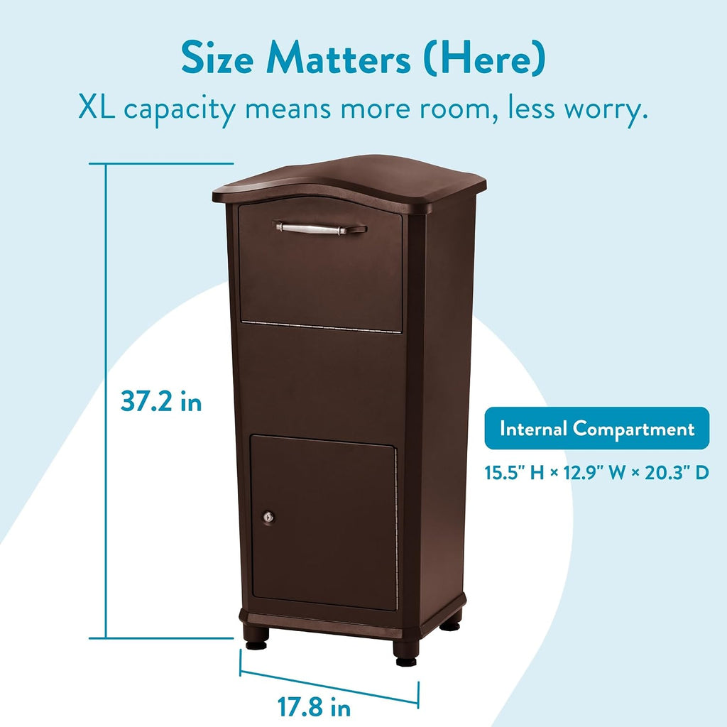 Architectural Mailboxes Elephantrunk® Package Delivery Box for Outside, Extra Large Lockable with Hopper Door, Heavy Duty Aluminum, Anti-Theft Baffle Porch Pirate Protection, Rubbed Bronze