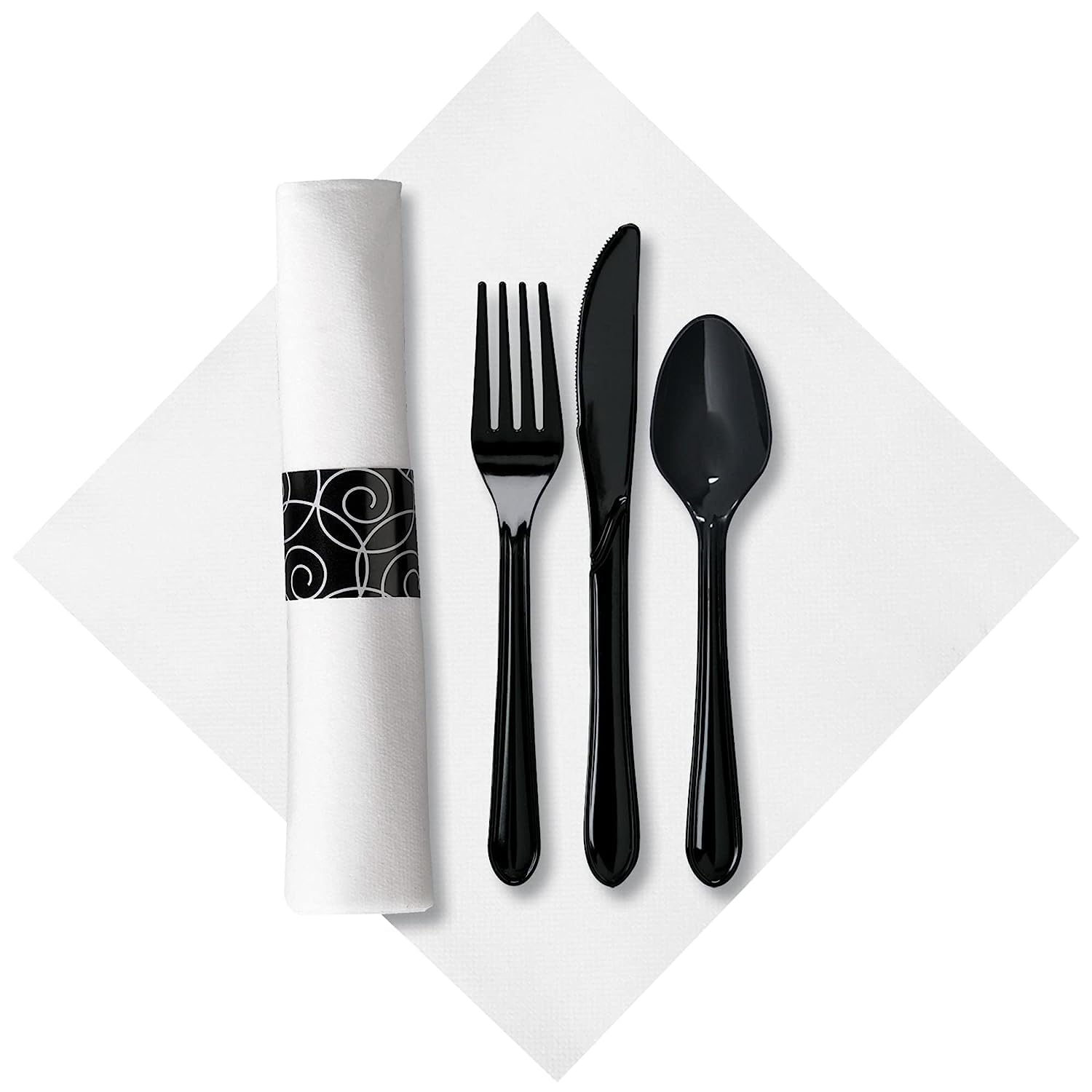 Hoffmaster Caterwrap Heavyweight Cutlery Combo, Fork/spoon/knife/napkin, Black, 100/carton