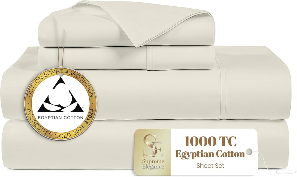 Supreme Elegance 4Pc 100% Egyptian Cotton Queen Size Sheets Set, 1000 Thread Count Sateen, Moisture Wicking, Breathable Bed Sheets, Soft & Silky, GOLD SEAL Luxury Bedding, 18' Deep Pocket, Fresh Ivory