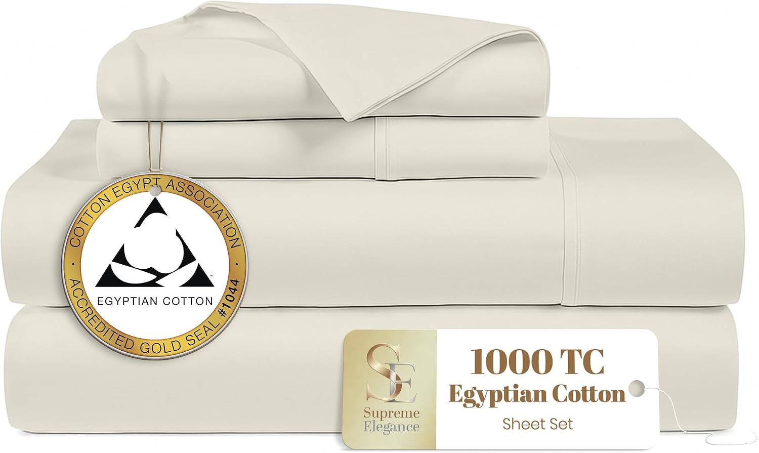 Supreme Elegance 4Pc 100% Egyptian Cotton Queen Size Sheets Set, 1000 Thread Count Sateen, Moisture Wicking, Breathable Bed Sheets, Soft & Silky, GOLD SEAL Luxury Bedding, 18' Deep Pocket, Fresh Ivory