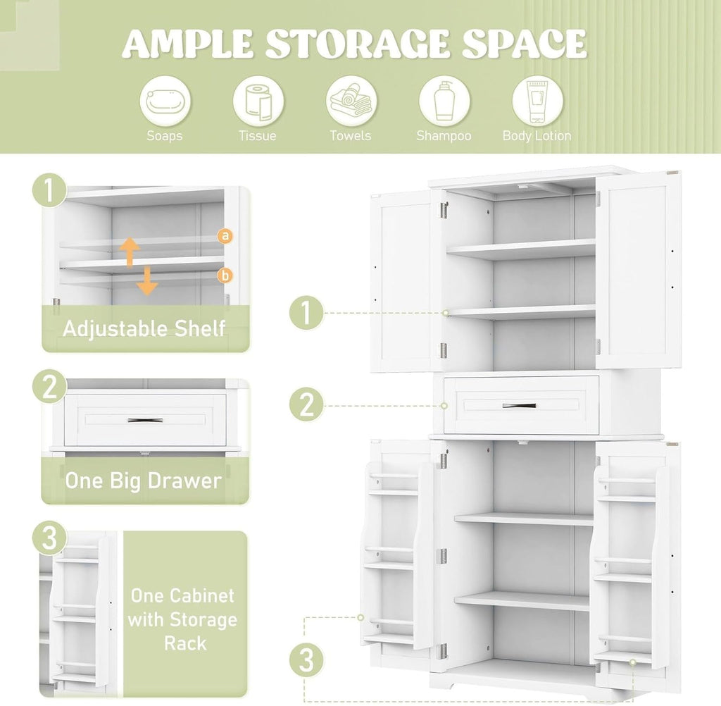 Tall Storage Cabinet with Adjustable Shelves, Large Drawer, and Door Storage Racks, 72' Kitchen Pantry Organizer with Magnetic Door Stopper and Metal Handles, Waterproof Finish for Home Use