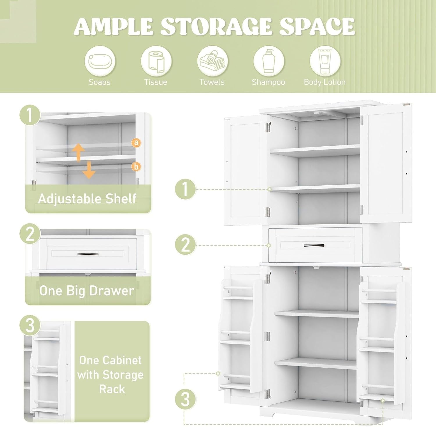 Tall Storage Cabinet with Adjustable Shelves, Large Drawer, and Door Storage Racks, 72' Kitchen Pantry Organizer with Magnetic Door Stopper and Metal Handles, Waterproof Finish for Home Use