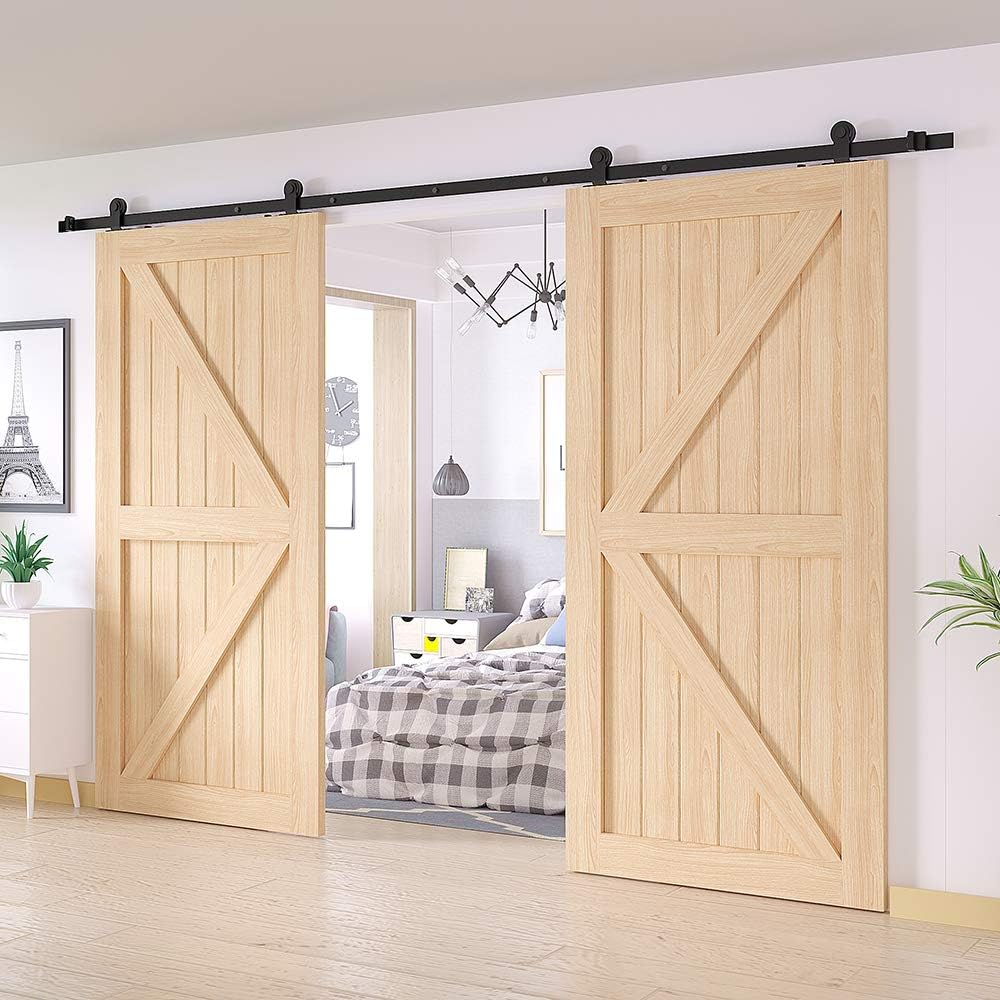 WINSOON 16FT WinSoon Antique Top Mount Double Sliding Barn Wood Door Hardware Cabinet Kit Black