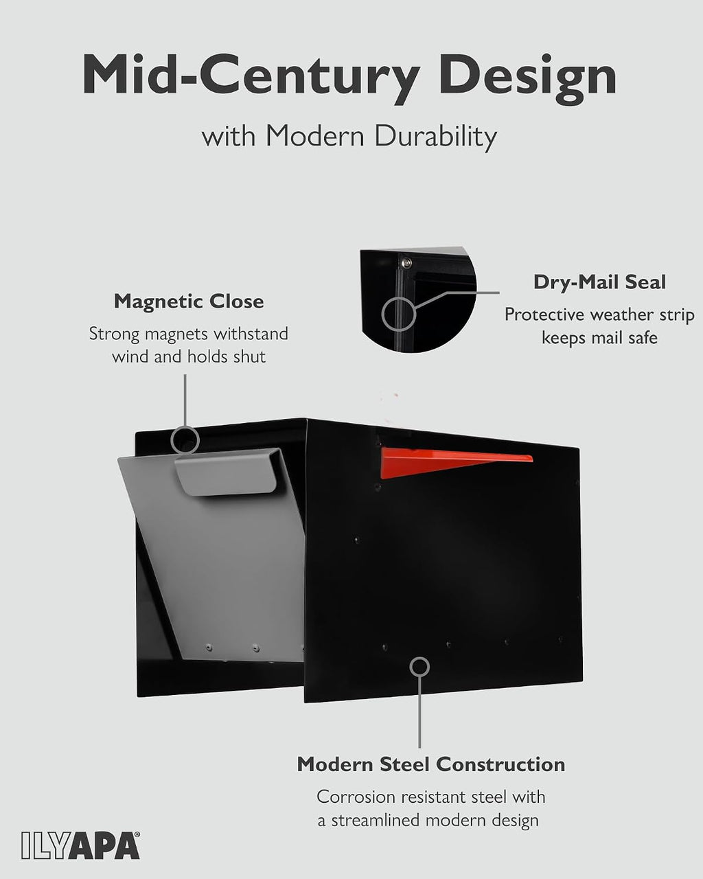 Ilyapa Modern Mailbox Post Mount - 21x8x10 Gray with Black Door Powder Coated Steel, Waterproof Letter Box for Parcels, with Black Recessed Magnetic Close Door