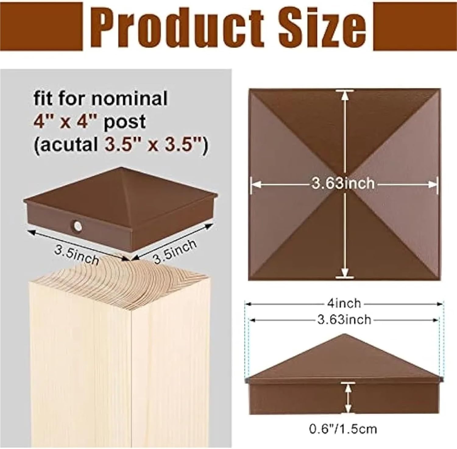 Fence Post Caps 16 Pcs Brown Fence Aluminum Post Caps Metal Fence Caps Cover for Fences Wood