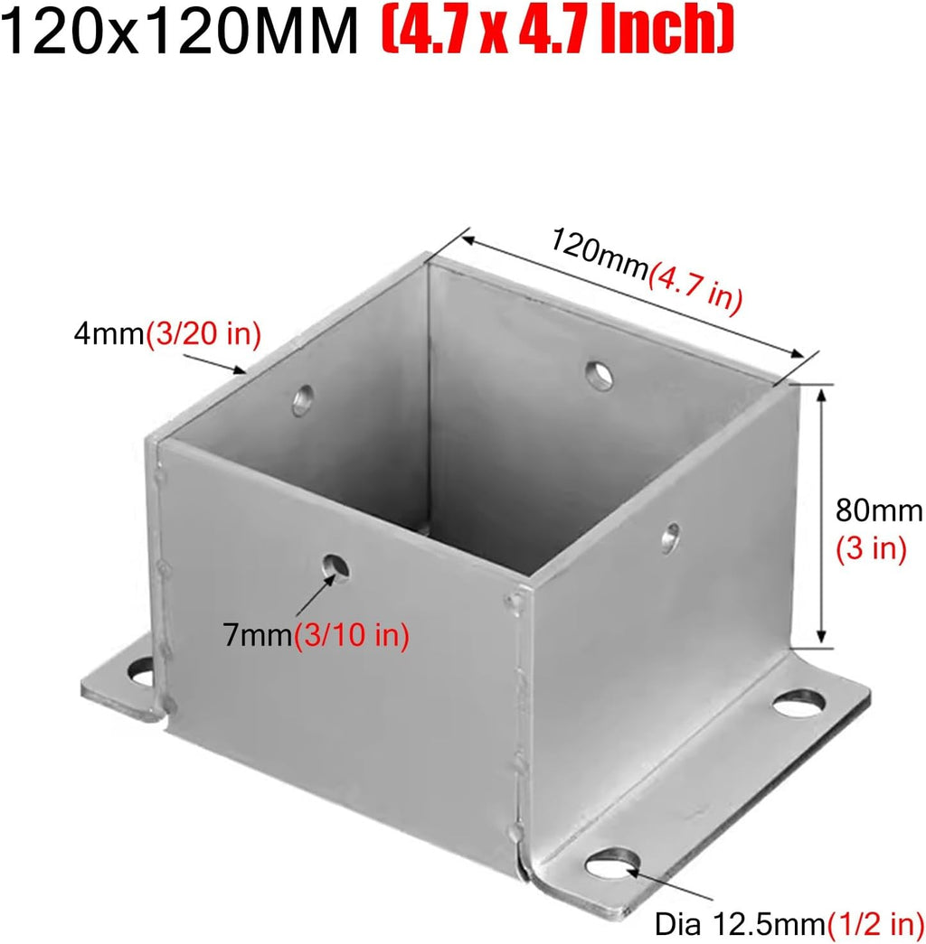4 Pack Wood Fence Post Base Brackets, Concrete Post Anchor for Deck Railing/Vinyl Fence/Mailbox, Enclosed Bottom Pergola Support Bracket with Installation Kit(120x120 mm (4.7x4.7 in))