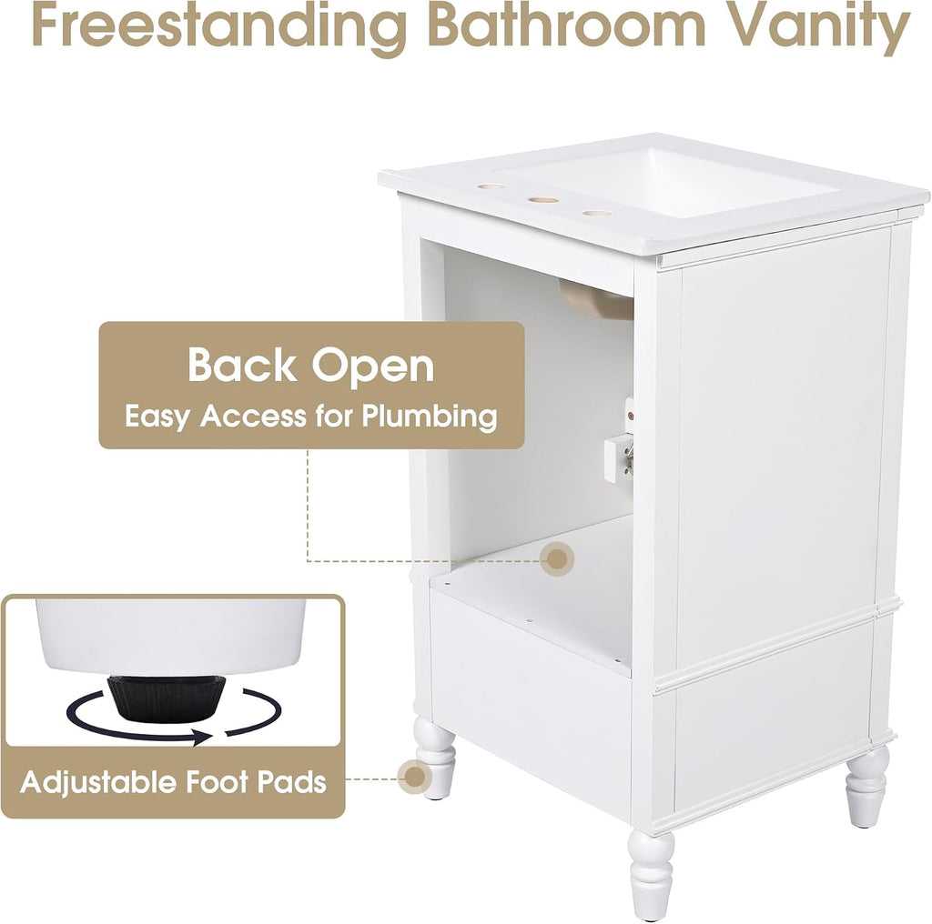 20' Bathroom Vanity With Sink Farmhouse MDF Fixture Stand Pedestal Bathroom Cabinet With Two Doors & A Drawer Magnetic Door Stopper Adiustable Foot Pads Freestanding Storage Cabinet For Bathroom White