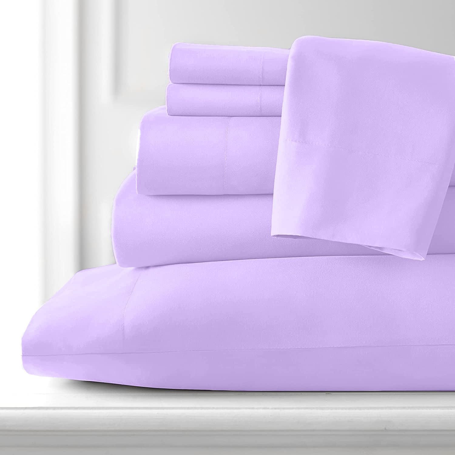 100% Giza Cotton, 1000 Thread Count, 6-PC Bed Sheet Set [Queen Size, Lilac Color] 18 inches Deep Pockets, Long Staple Cotton Breathable Soft Silky Sateen Weave