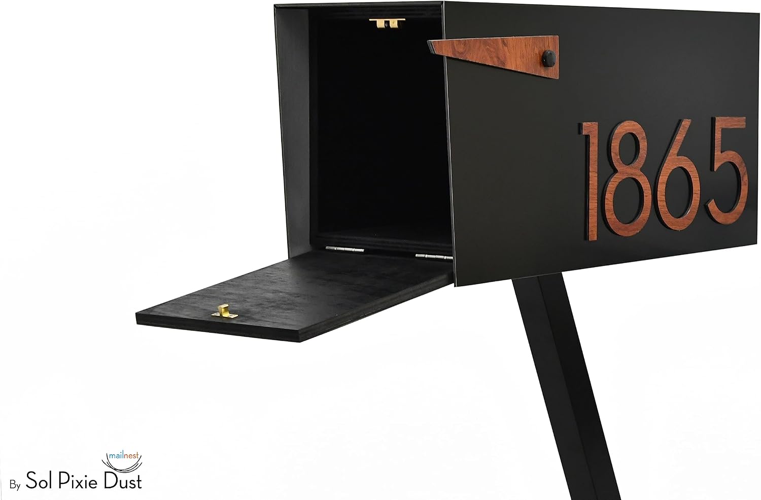 Contemporary Post-Mount Mailbox - Aluminum Black Body with Aluminum Door, Numbers and Flag - Large Customized Mailbox - Type 4 (Red Oak Wood)