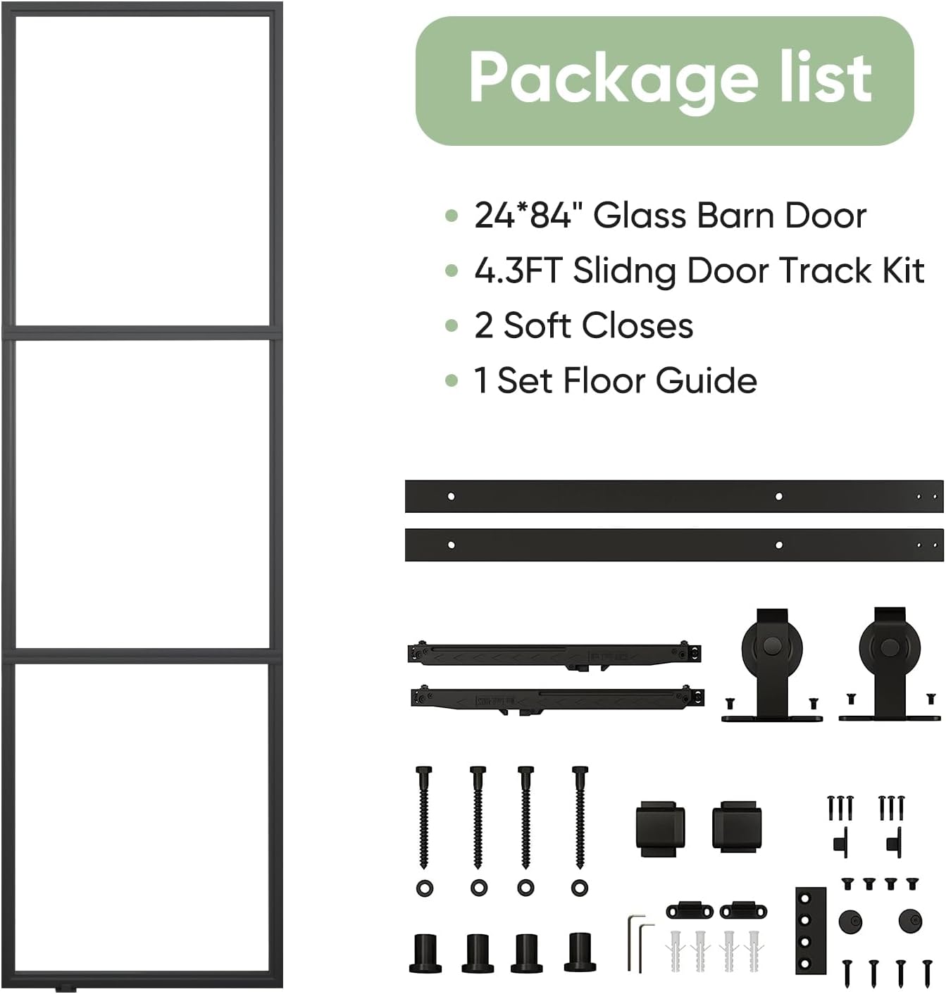 BARNSMITH 24in x 84in Frosted Glass Barn Door with 4.3FT Top Mounted Hardware kit Include Soft Close Mechanism Black Carbon Steel Tempered Frosted Glass Sliding Door, Easy Assembly