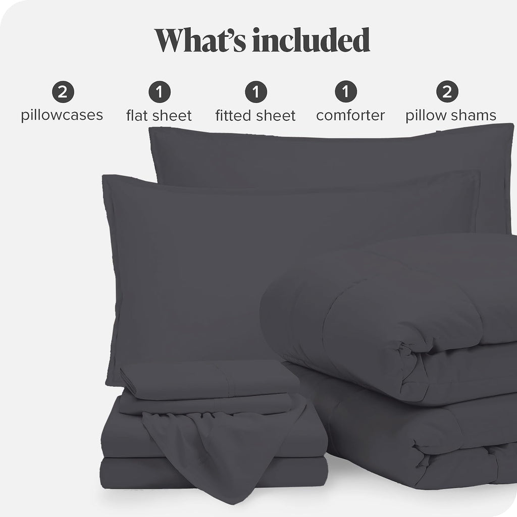 GOKOCO 7 Pieces, Bed in a Bag Bedding Sets Queen Size 100% Egyptian Cotton 800 Thread Count 400GSM Fiber Fill Comforter Set with Sheet Set 15' Deep Pocket - Dark Grey Solid