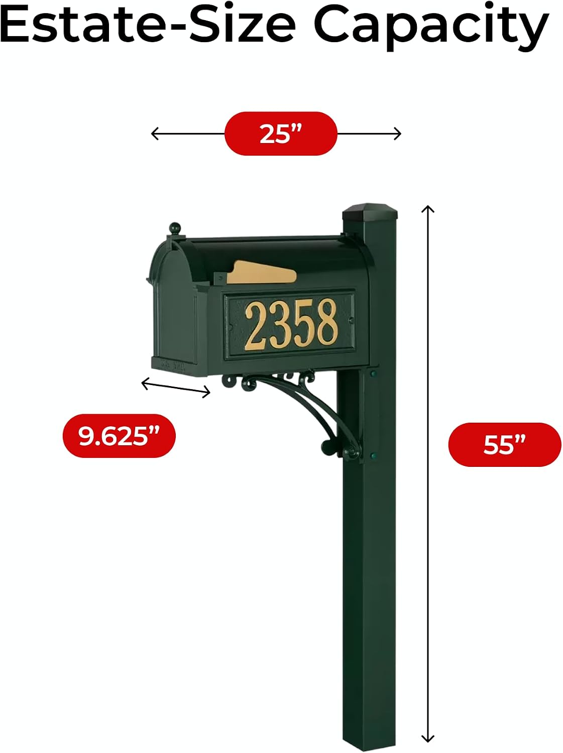Whitehall Superior Mailbox Package Large Cast Aluminum Streetside Mailbox with Decorative Superior Post & Personalized Address Side Plaques Powder Coated Classic Green Mailpost