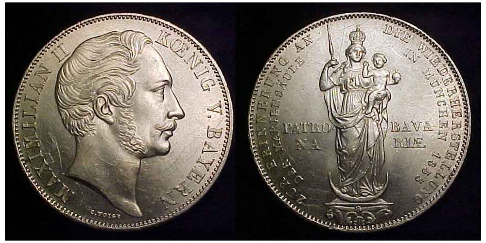 1855 Munich 1855 CROWN-SIZED BAVARIA 2 GULDEN COIN w MAXIMILLIAN II, MARY/BABY JESUS! BEAUTIFUL MINT & RARE COIN! 2 Gulden Seller Brilliant Uncirculated