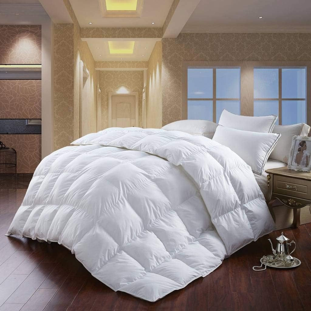 Luxurious 1200 Thread-Count Full/Queen Size Siberian Goose Down Comforter, White Solid, 100% Egyptian Cotton 750FP, 50Oz