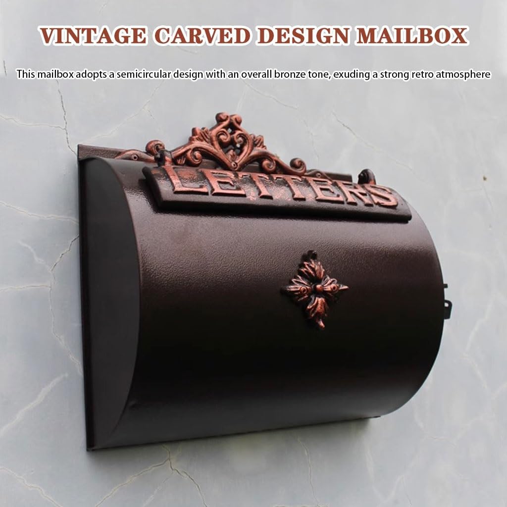 Half-Round Iron Aluminum Mailbox - European Courtyard Post Box, with Floral Engraving, Wall Decorative for Estate, Patio
