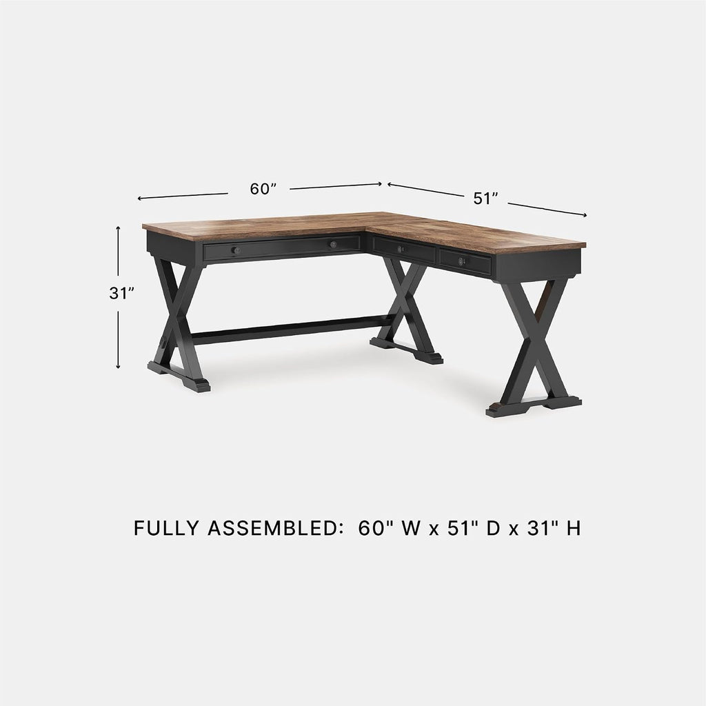 Signature Design by Ashley Wildenauer Casual 3-Drawer Home Office Desk and Return with Drop-Down Keyboard Tray and Cord Management, L-Shaped Desk, Wood, Mango Wood Veneer, Light Brown & Black