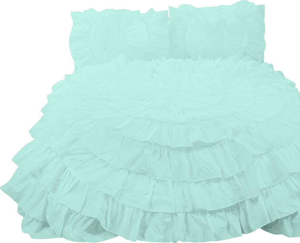 3 Piece 100% Egyptian Cotton Circle Ruffle Comforter Set, 550 GSM Filled Microfiber - Full/Queen Size, Aqua Blue Color - 1000 Thread Count