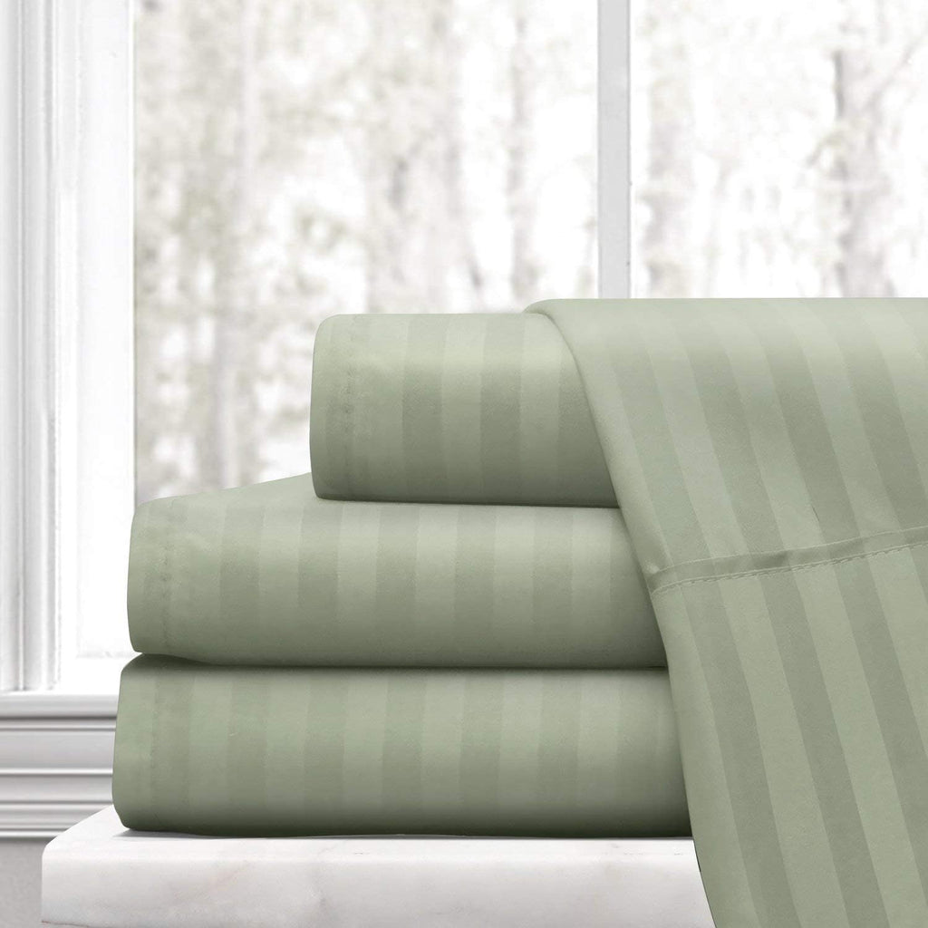 Split-Queen Sheets for Adjustable Bed Super Soft 1800-TC Heavy Egyptian Cotton 5-Piece Sheets Set Fits 21-23' Fully Elastic Deep Pocket (Stripe, Sage Green)