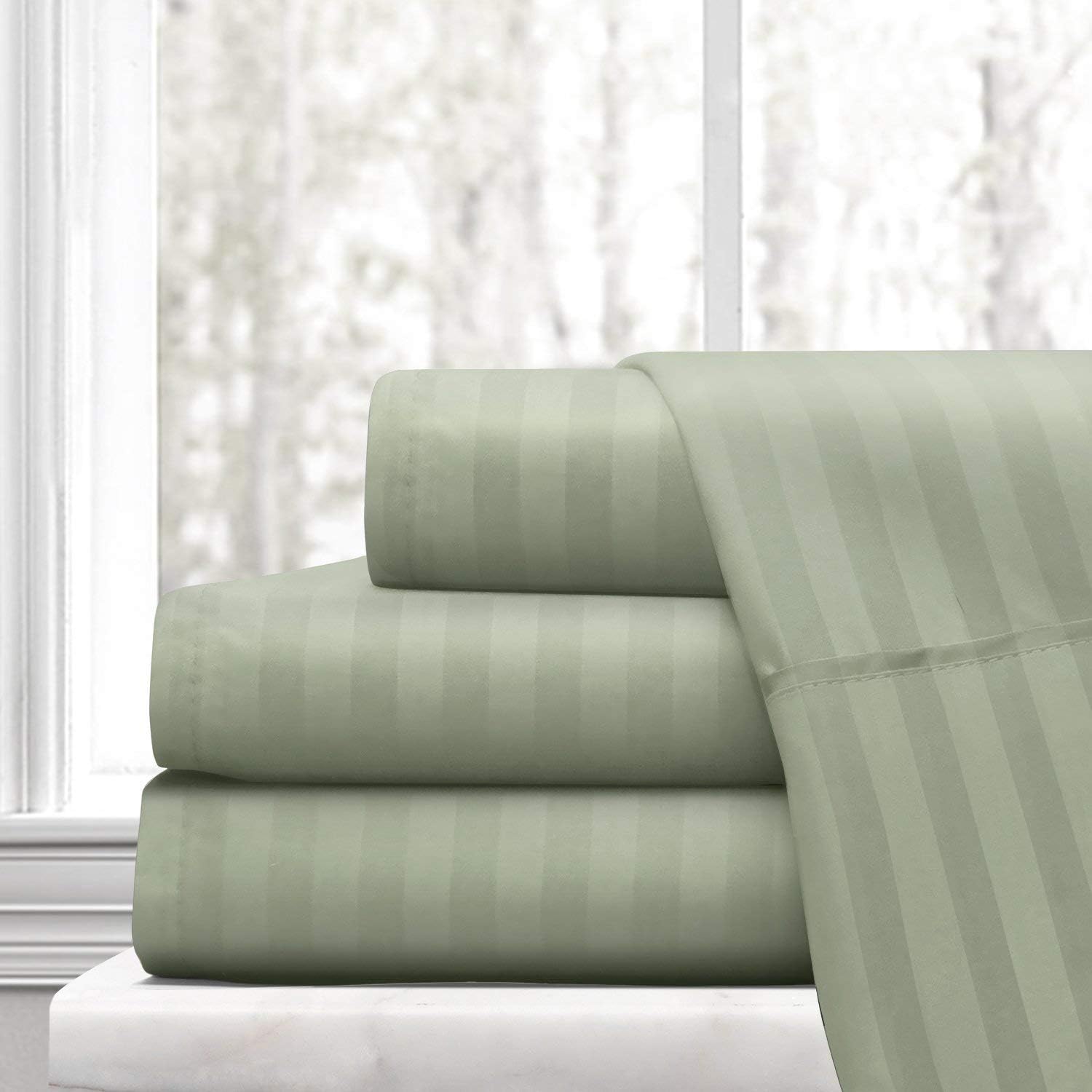 Split-Queen Sheets for Adjustable Bed Super Soft 1800-TC Heavy Egyptian Cotton 5-Piece Sheets Set Fits 21-23' Fully Elastic Deep Pocket (Stripe, Sage Green)