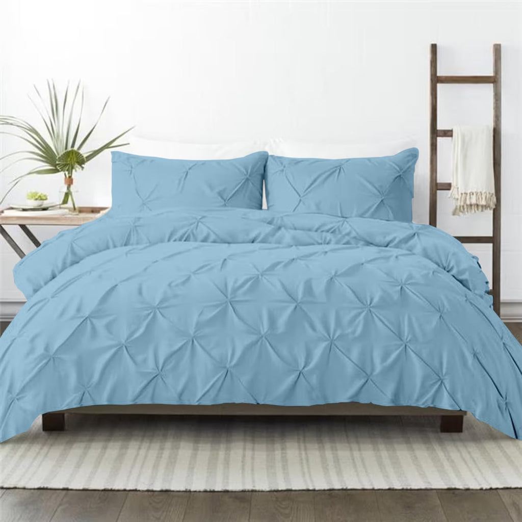 All Season Down Alternative Premium Pinch Pleated Comforter Sets 500 GSM 100% Soft Egyptian Cotton 1-Pintuck Comforter with 2-Pintuck Pillowsham-Oversized Queen Size, Light Blue