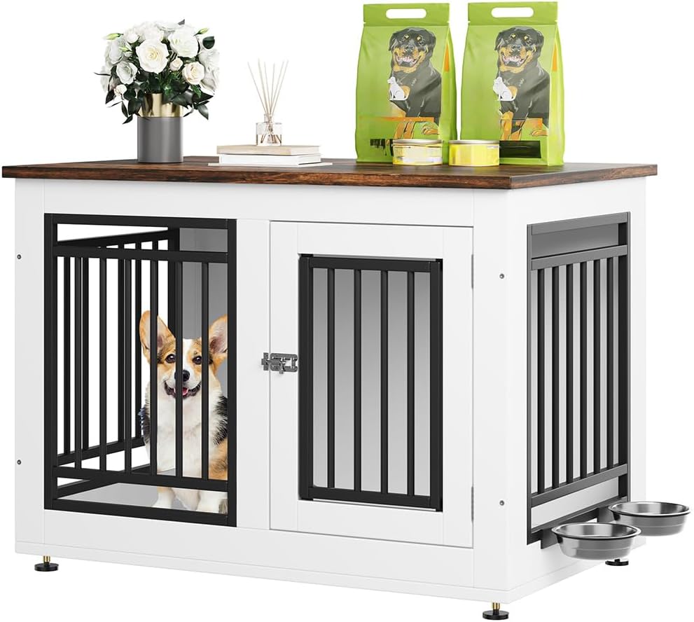 YITAHOME 35' Dog Crate Furniture, Wooden Side End Table with Adjustable Feet and Removable Bowls, Dog Kennel Indoor for Small Medium DogsV