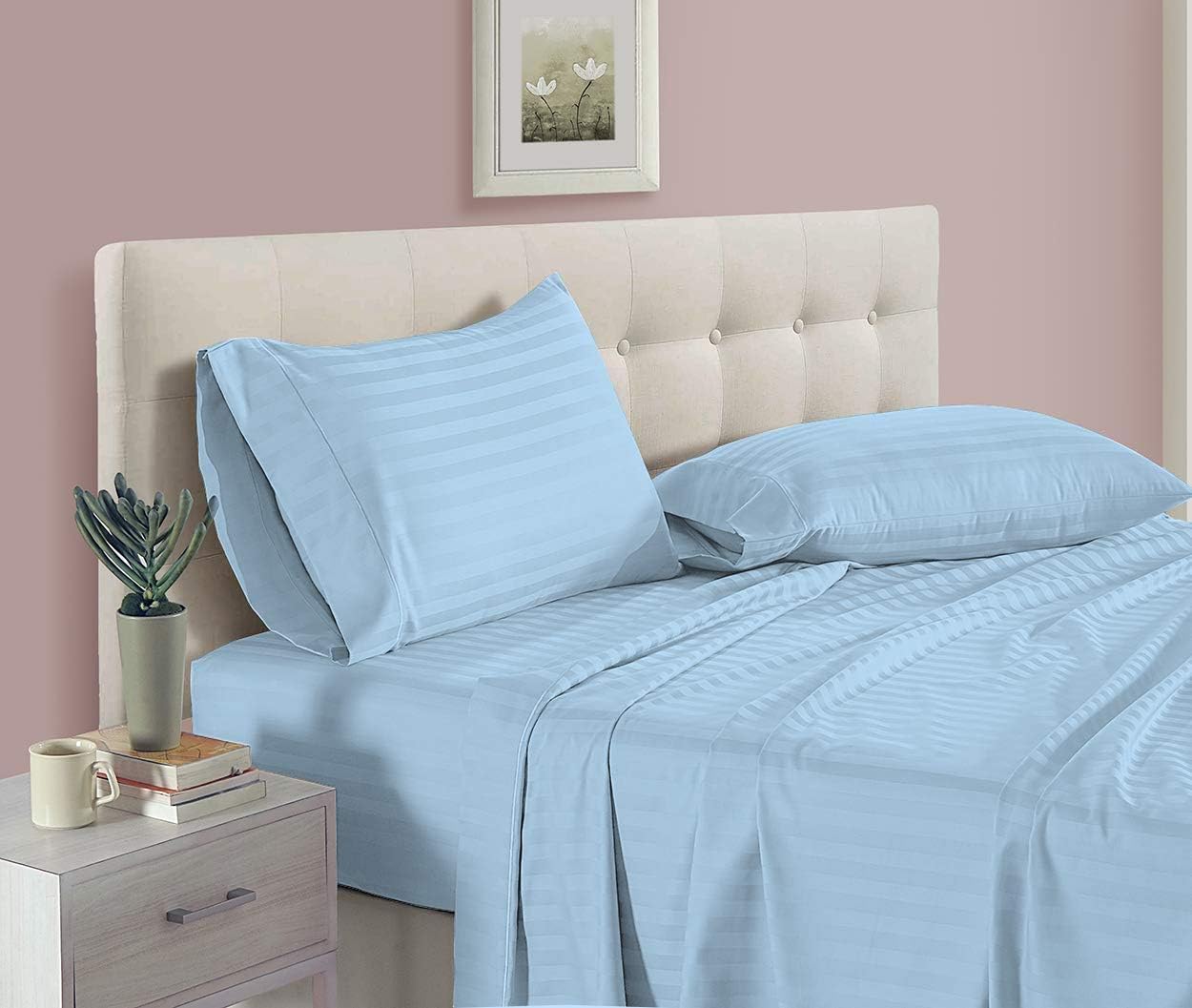 AMAY Luxury Soft 100% Egyptian Cotton 6pc Sheet Set Sateen Weave 800 TC Queen Size for Bed, Fits Mattress Upto 16-18'' Deep Pocket, Light Blue Stripe