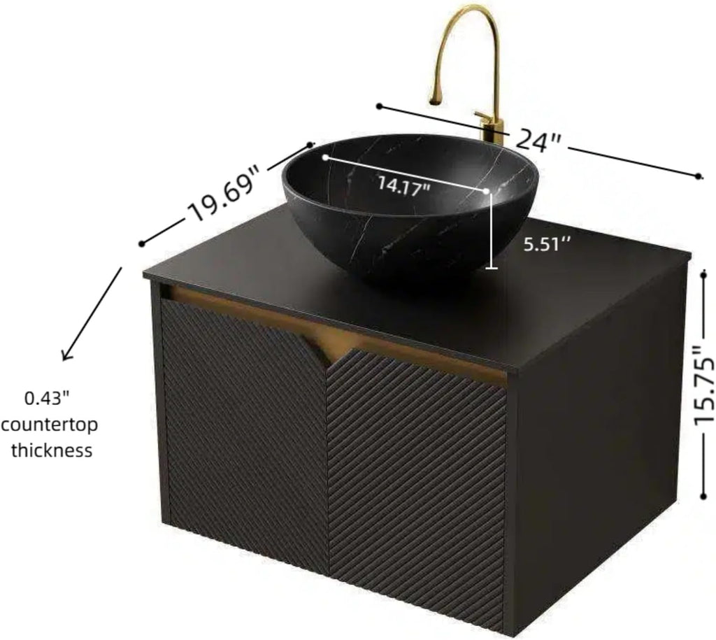 24 Inch Bathroom Vanity with Sink, Small Floating Fluted Vanity with Vessel Sink, Modern Wall Mounted Bathroom Vanity Cabinet with 2 Doors, Bowl Ceramic Sink & Sintered Stone Top, Black