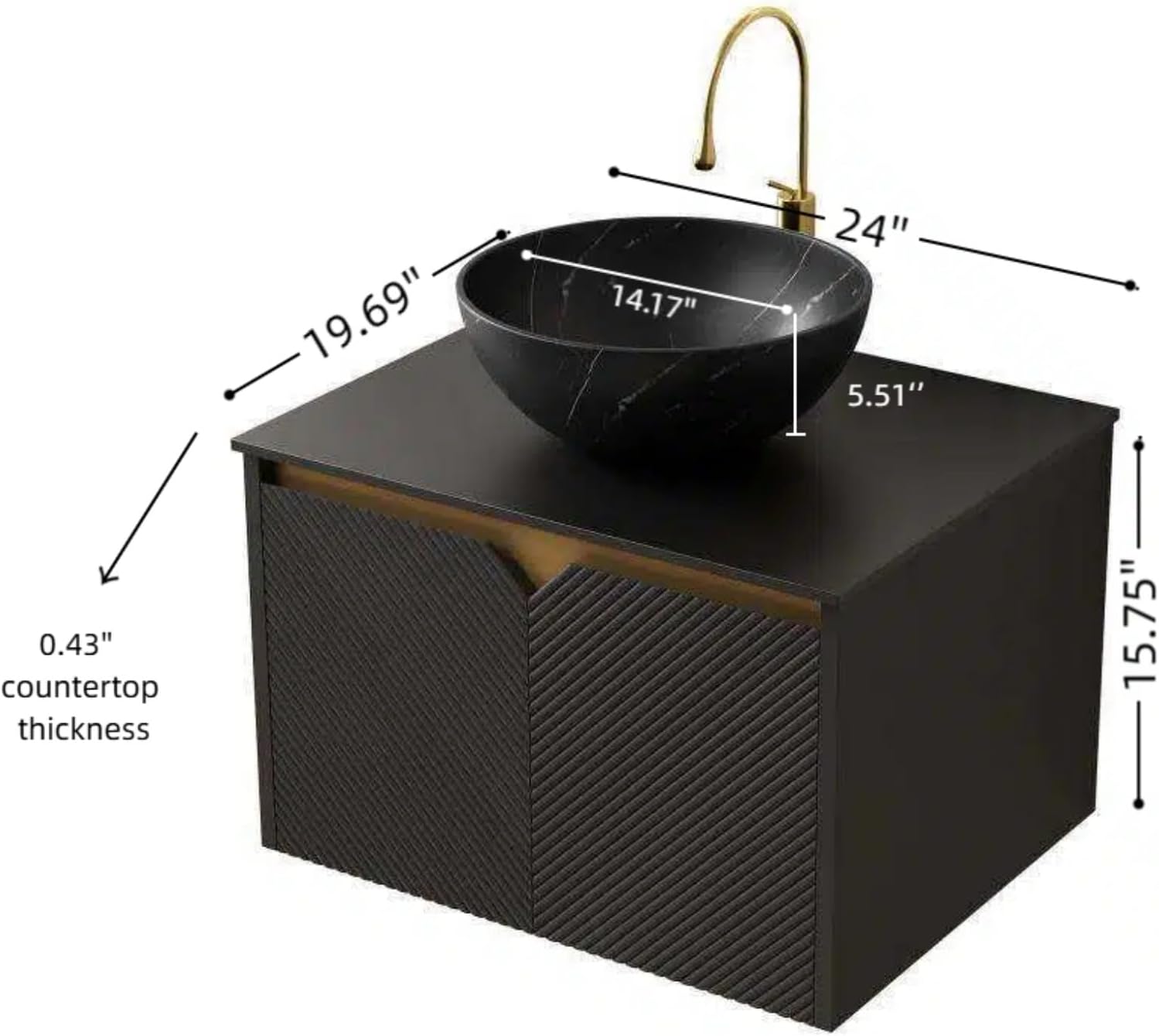 24 Inch Bathroom Vanity with Sink, Small Floating Fluted Vanity with Vessel Sink, Modern Wall Mounted Bathroom Vanity Cabinet with 2 Doors, Bowl Ceramic Sink & Sintered Stone Top, Black