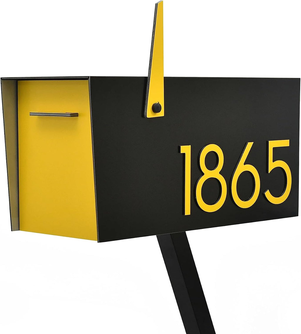 Contemporary Post-Mount Mailbox - Aluminum Black Body with Aluminum Door, Numbers and Flag - Large Customized Mailbox - Type 4 (Yellow)