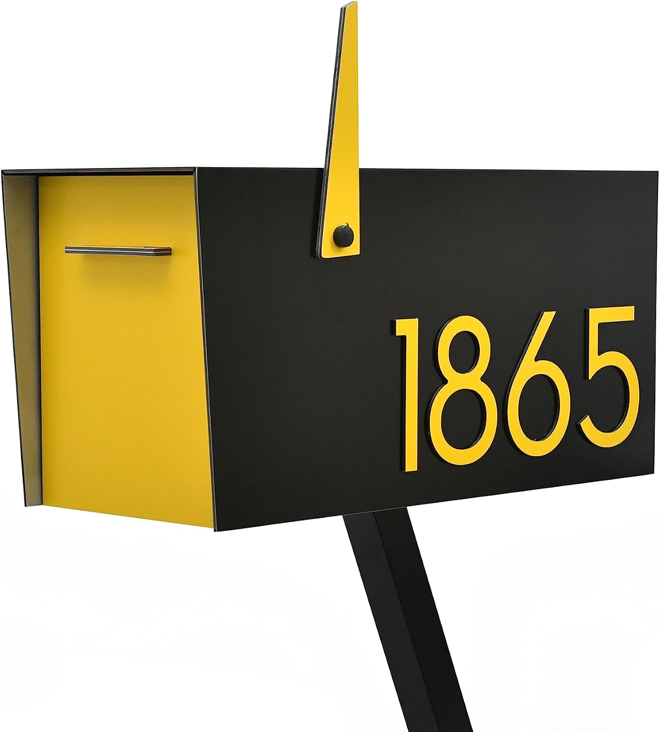 Contemporary Post-Mount Mailbox - Aluminum Black Body with Aluminum Door, Numbers and Flag - Large Customized Mailbox - Type 4 (Yellow)