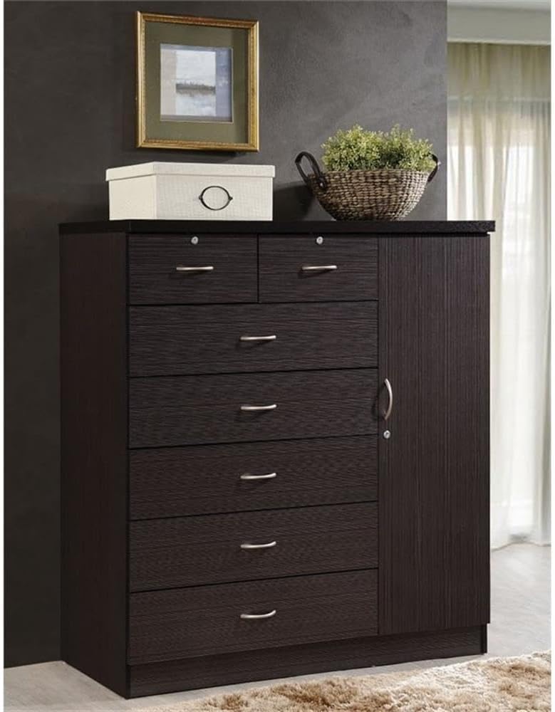 BOWERY HILL 7 Drawer Chest, Chocolate Wood Finish, 48.6 in H, Lockable Top Drawers and Door, Adjustable Shelves, Hanging Rod, Durable Storage for Clothes and Bedroom Organization