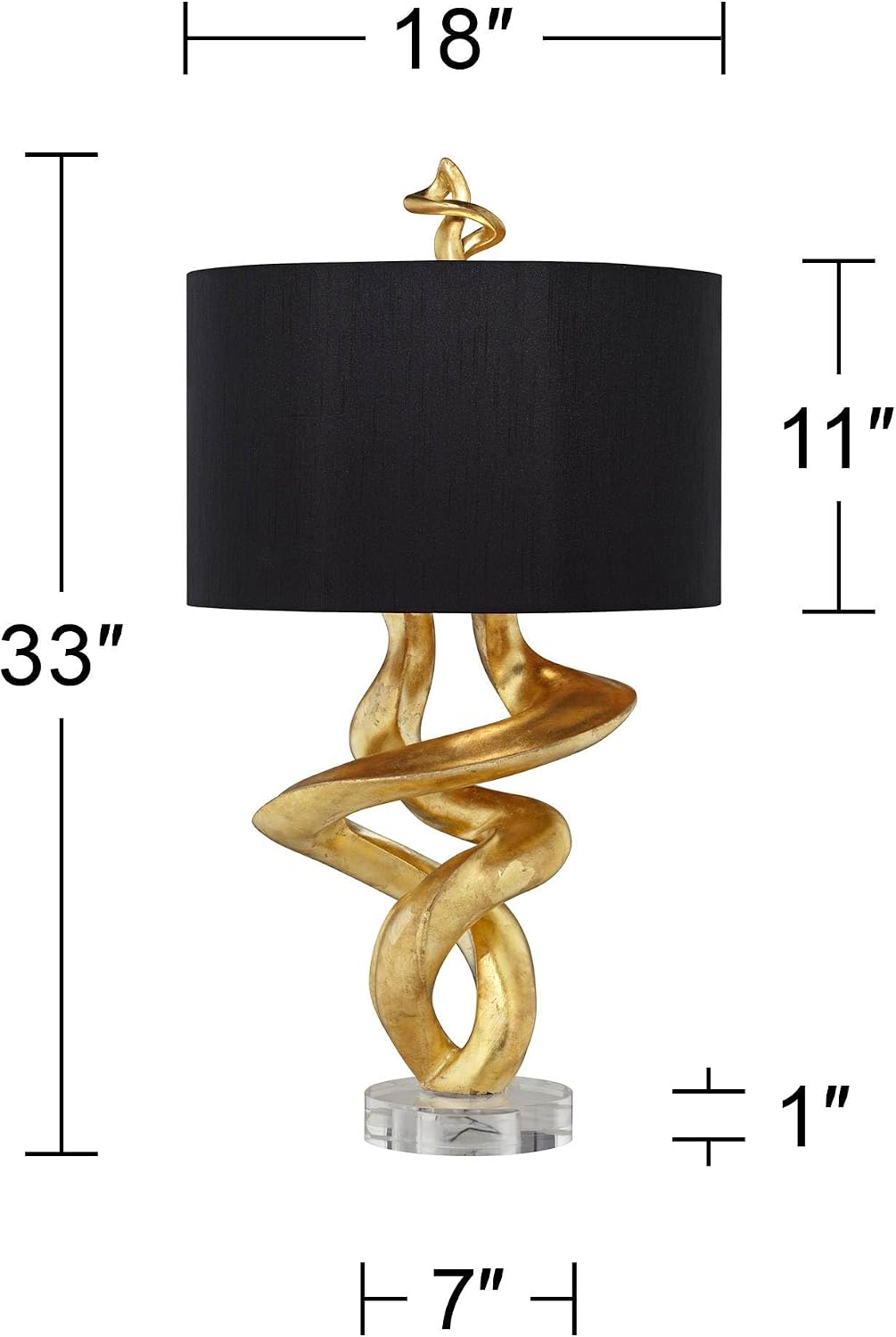 Kathy Ireland Impressions 33' Tall Sculpture Base Large Modern Luxury End Table Lamp Gold Leaf Finish Single Black Shade Living Room Bedroom Bedside Nightstand House Office Home Reading Kitchen