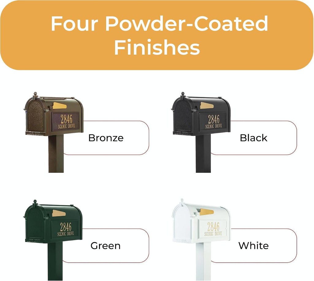 Whitehall Premium Mailbox Package with Personalized Address Plaques Classic Cast Aluminum Streetside Mailbox and Standard Post Designed to Enhance Your Home's Curb Appeal