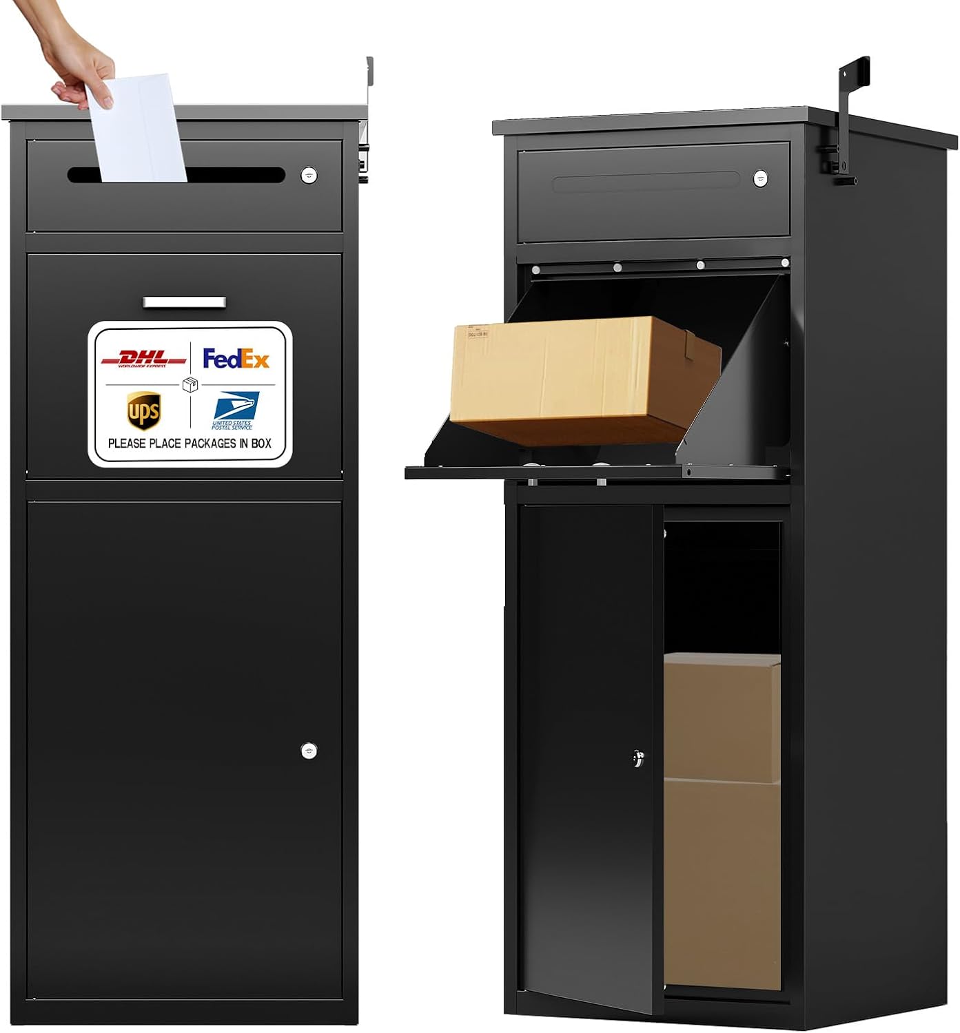 KAER Package Delivery Boxes for Outside,44.5'x17'x15.75' Cold-Rolled Steel Delivery Box for Packages & Mails, Anti-Theft Lockable Large Parcel Drop Box for Outdoor, Porch, Curbside