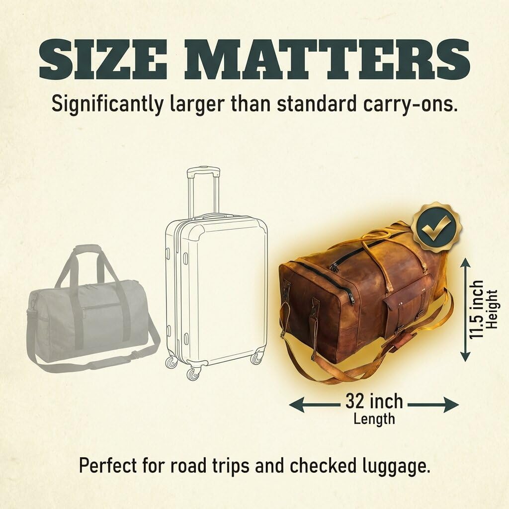 Large Leather 32 Inch Luggage Handmade Duffel Bag Carryall Weekender Travel Overnight Gym Sports Carry On For Men And Women (32 inch)