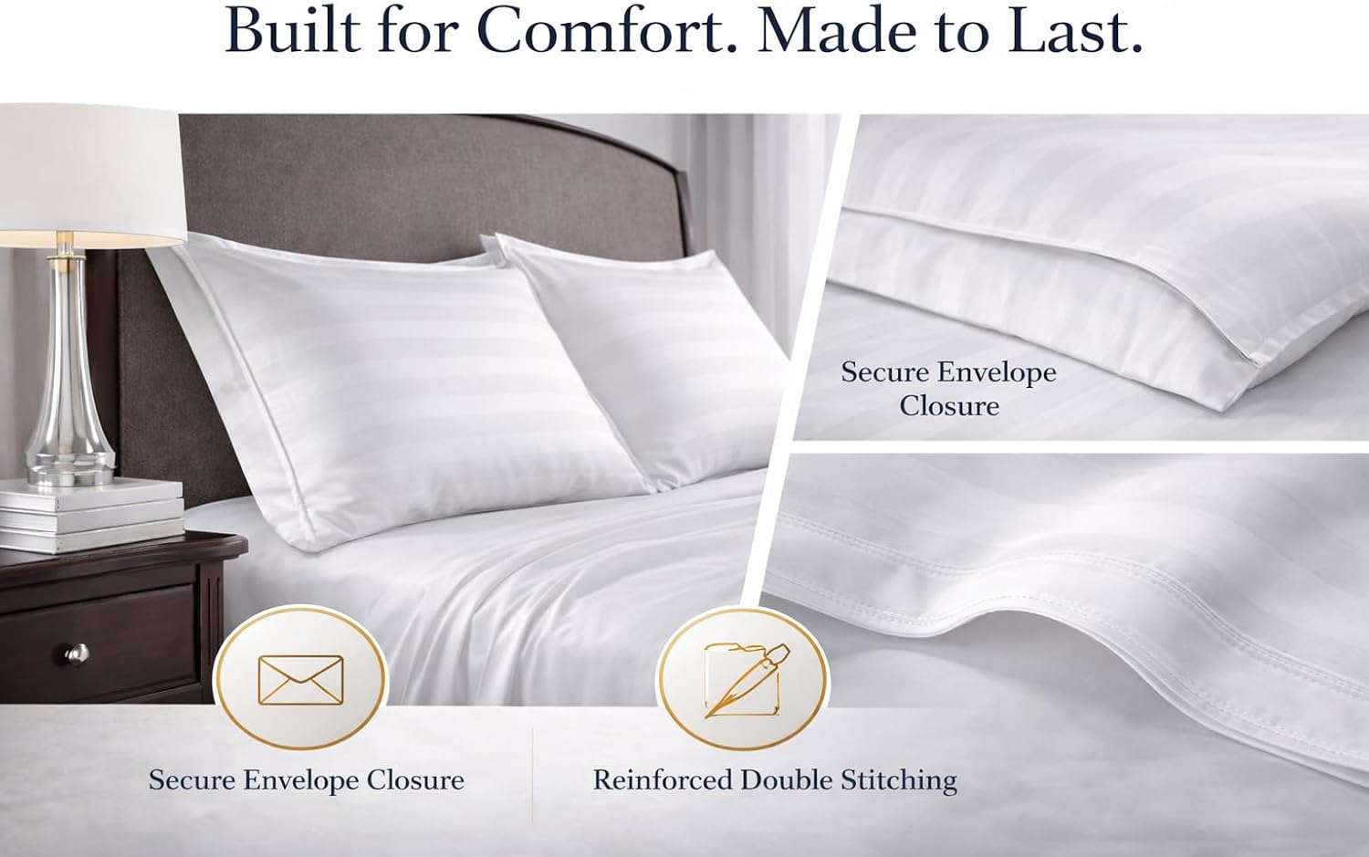 100% Egyptian Cotton Sheets Queen Size – 1000 Thread Count Luxury Hotel Sateen Weave Sheet Set, Soft & Breathable, 17' Deep Pocket, 4-Piece White Striped Bedding, All-Season Comfort