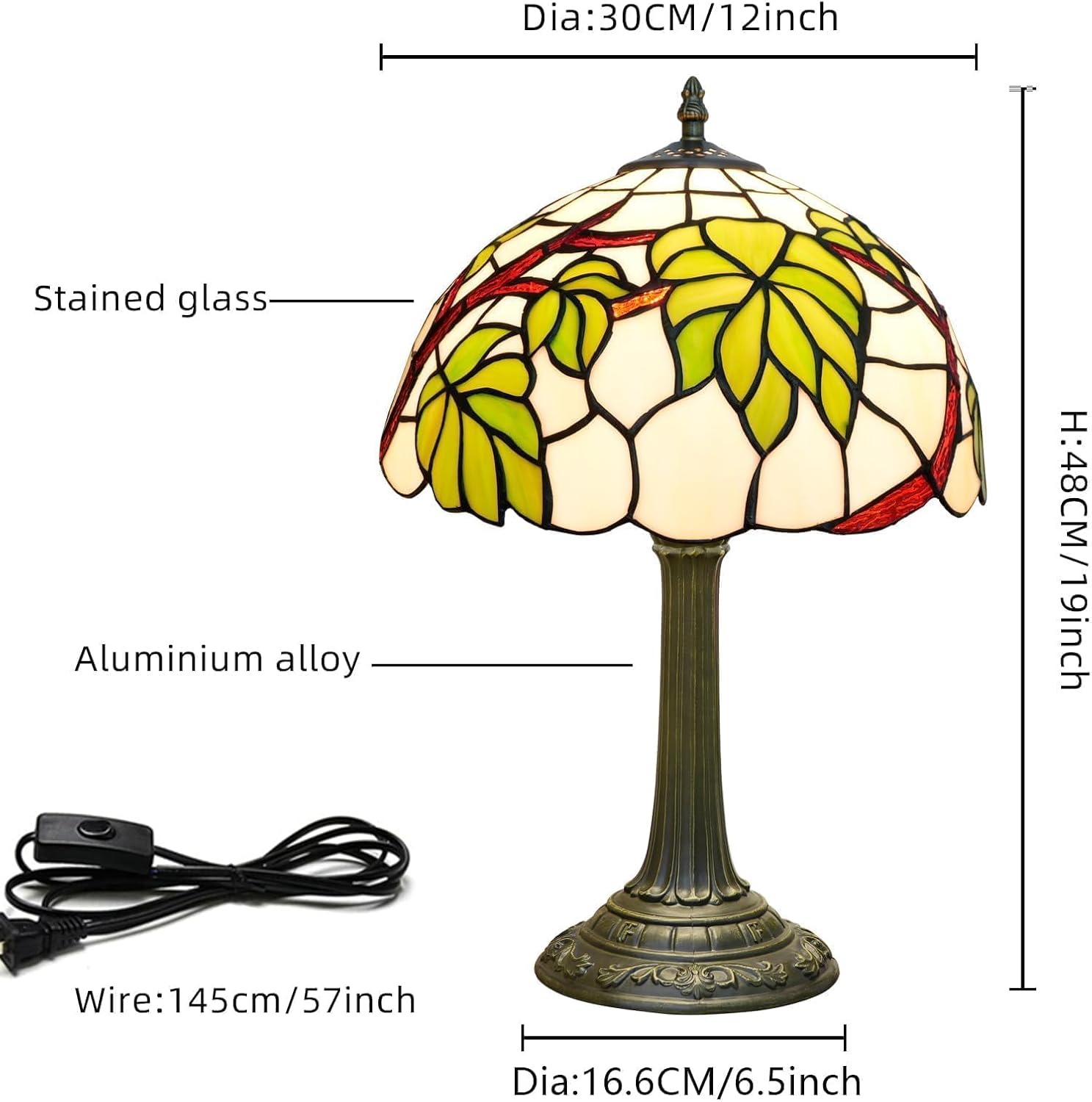 Tiffany Style Table lamp with Green Leaf Stained Glass lamp 12 Inch Retro Bronze Base Bedside Lamp Bedroom，Living Room, Bar, Restaurant Hotel French Countryside Style Decorative Ambient Light