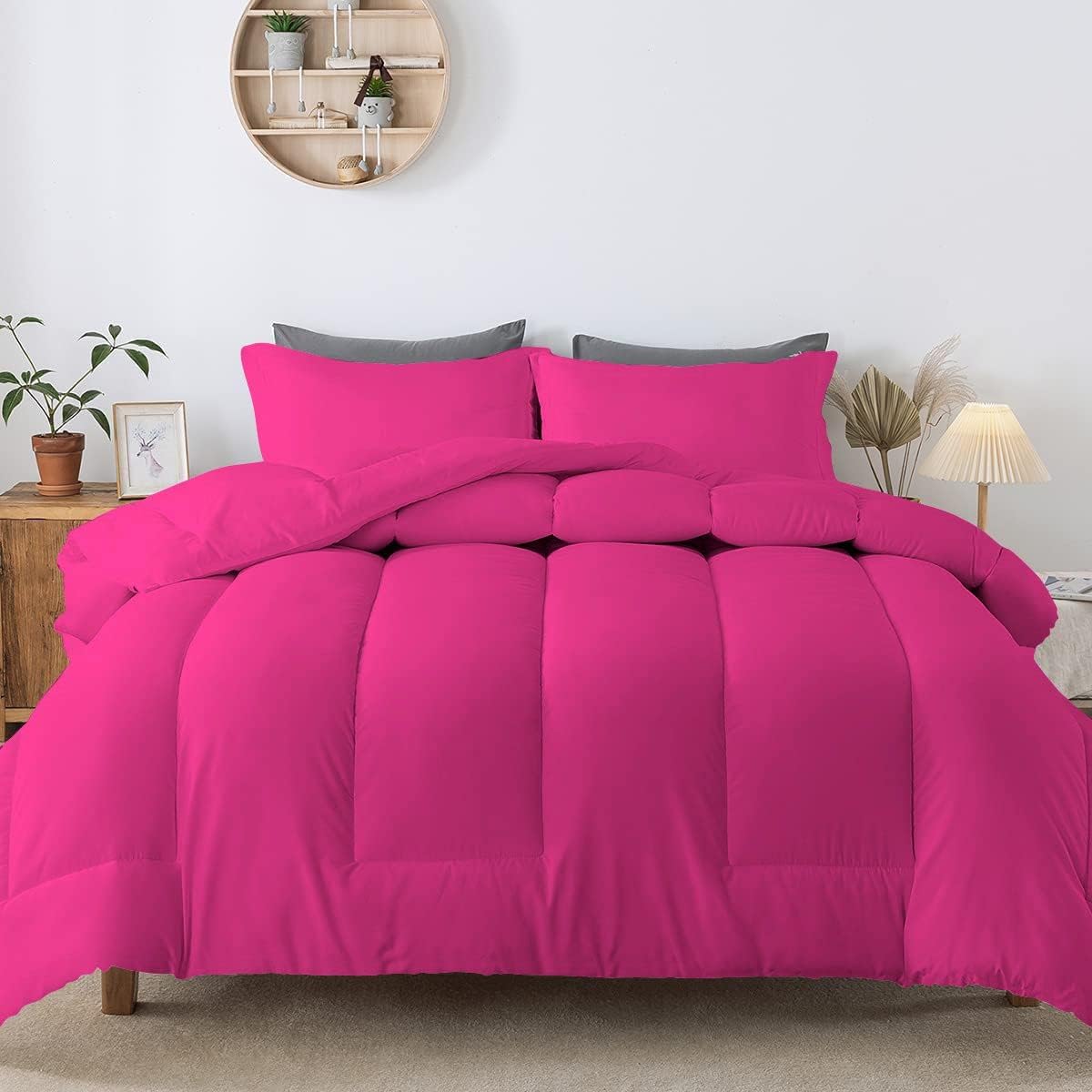 5 PC Straight Line Pattern Comforter Set Premium Super Soft 600 GSM All Season | 1000 Thread Count | 100% Egyptian Cotton ( Full/Queen Size, Hot Pink Color)