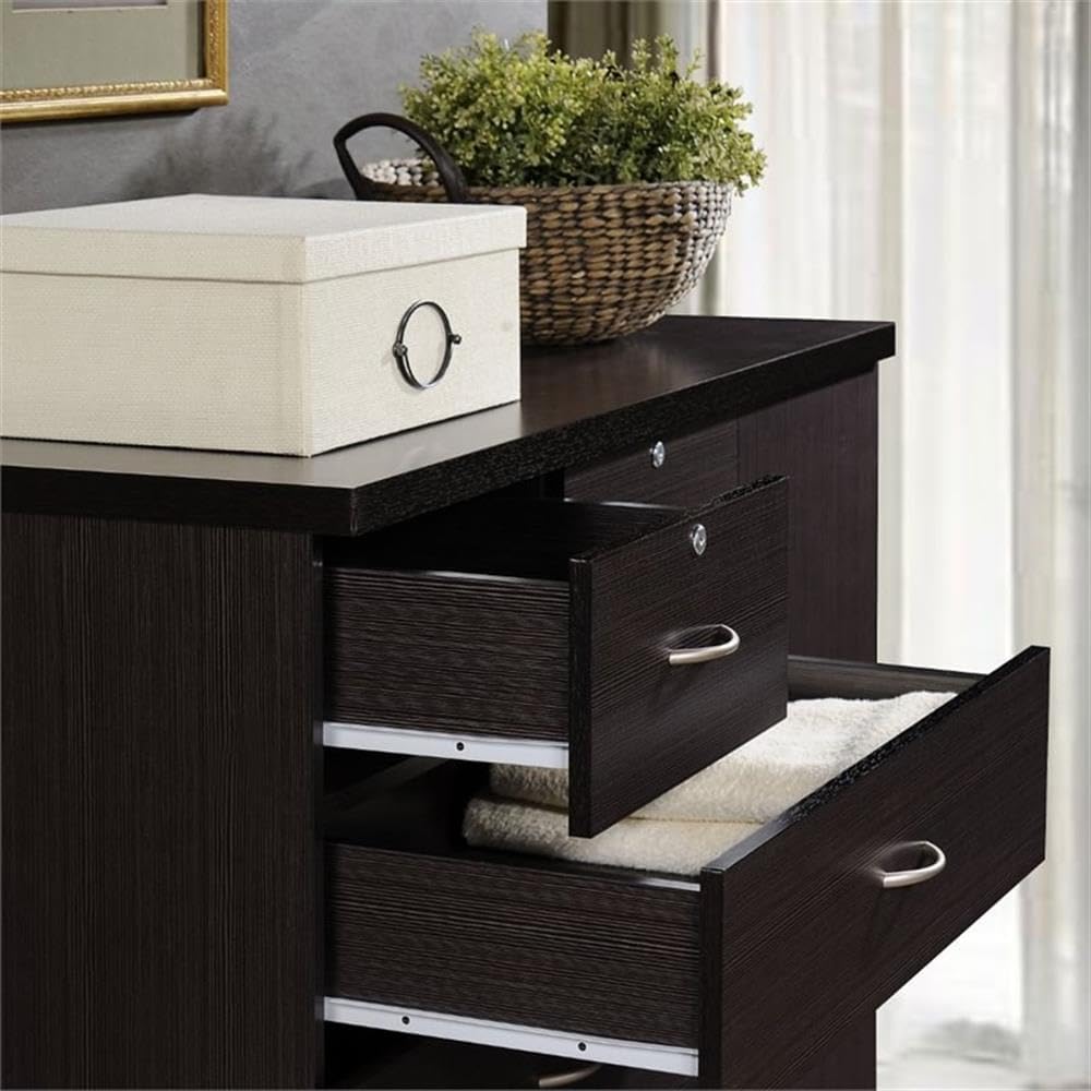 BOWERY HILL 7 Drawer Chest, Chocolate Wood Finish, 48.6 in H, Lockable Top Drawers and Door, Adjustable Shelves, Hanging Rod, Durable Storage for Clothes and Bedroom Organization