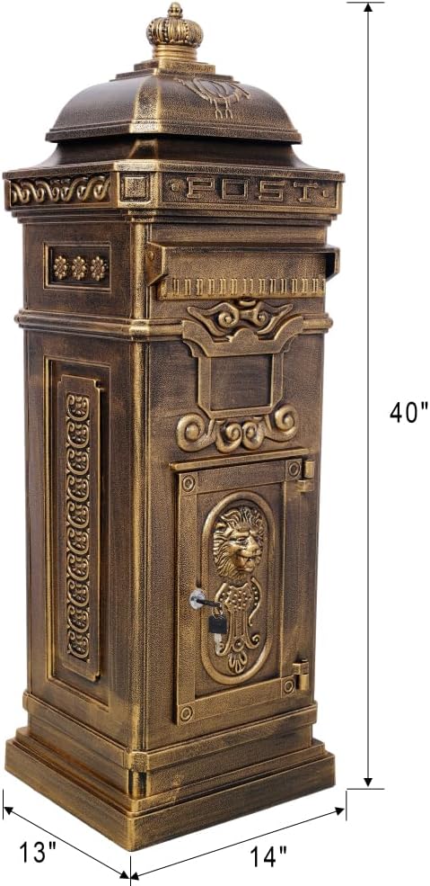 Copper Mailbox, Large Lockable Package Drop Box with Roman Statue, Rustproof Cast Aluminum Mail Boxes for Outside, Vintage Post-Mount Design, Weatherproof & Elegant Garden Letter Box (Copper)