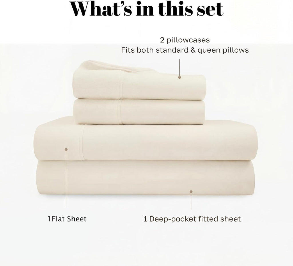 Superior Egyptian Cotton 530 Thread Count Bed Sheet Set, 1 Elastic Deep Pocket Fitted Sheet, 1 Flat Sheet, 2 Pillowcases, Soft Bedding, Luxury Sheets, Sateen Weave, California King Size, Ivory