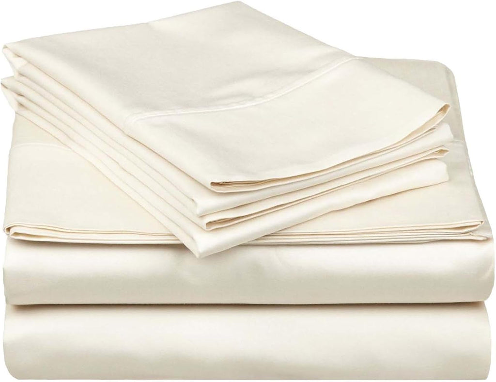 Superior Egyptian Cotton 530 Thread Count Bed Sheet Set, 2 Elastic Deep Pocket Fitted Sheets, 1 Flat Sheet, 2 Pillowcases, Soft Bedding, Luxury Sheets, Sateen Weave, Split King Size, Ivory