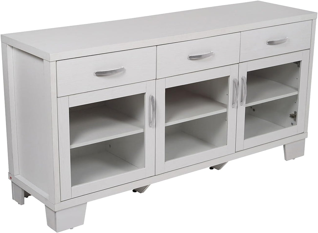 Flash Furniture Wells Modern Buffet Sideboard Storage Cabinet, Engineered Wood Construction, 3 Tempered Glass Soft Close Doors, 3 Drawers, 59', White