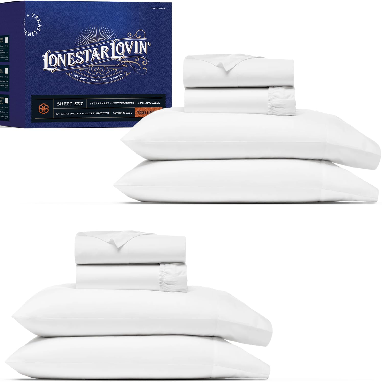 TEXAS LINEN CO. 100% Egyptian Cotton Sheets Queen Size Set of 2 - Luxury 1000 Series Lonestar Lovin' Collection Egyptian Cotton Queen Sheet Set (8 PC, White), Cooling, 16' Deep Pocket Bed Sheet