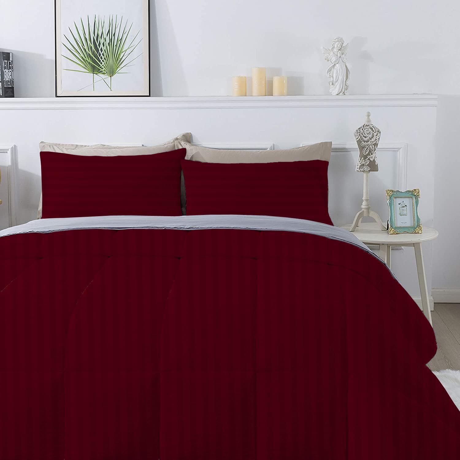 Olivia Rocco 1 Piece 1000 Thread Count Comforter Full XL/Queen Size (88' x 92') Inch 100% Egyptian Cotton Comforter 400 GSM Soft Quality - Burgundy Stripe