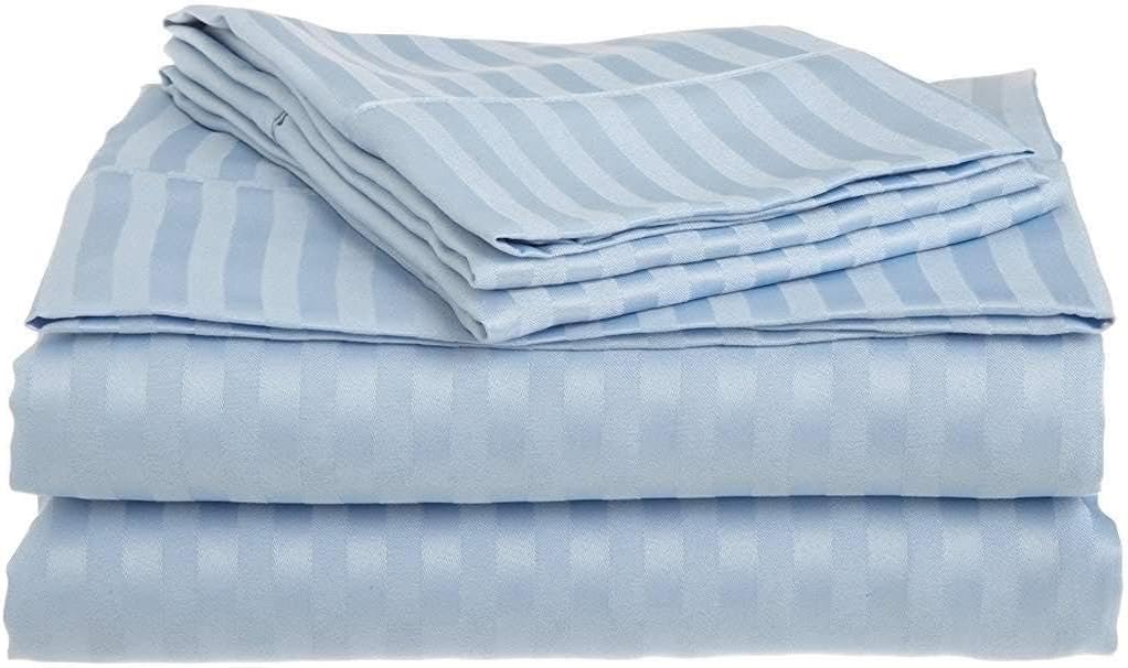 Split-Queen Sheets for Adjustable Bed Super Soft 1800-TC Heavy Egyptian Cotton 5-Piece Sheets Set Fits 10-12' Fully Elastic Deep Pocket (Stripe, Light Blue)